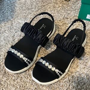 Lauren Lorraine Black Sandals with Rhinestone Embellishments